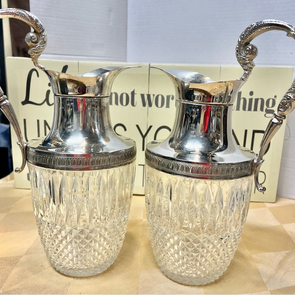 Vintage Set of 2 Victorian Silver & Pressed Glass High Quality Pitcher RARE Set